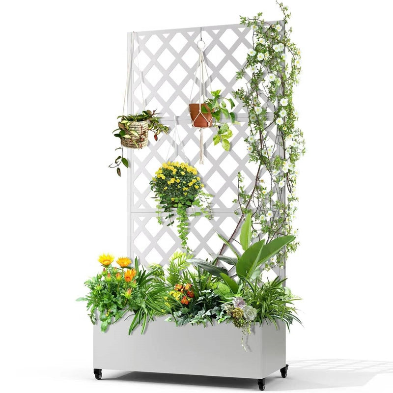trellis planter white White Metal Outdoor Raised Garden Bed Planter Box with Trellis on Whee