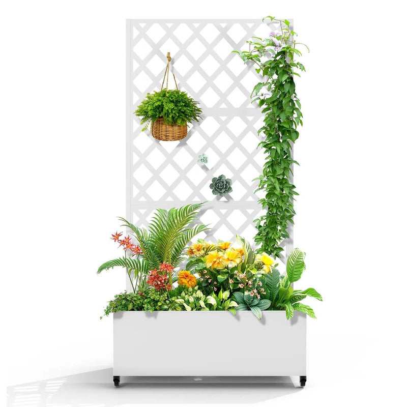 White Metal Outdoor Raised Garden Bed Planter Box with Trellis on Whee