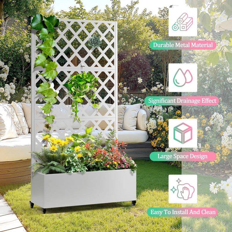 planter box with trellis on wheels White Metal Outdoor Raised Garden Bed Planter Box with Trellis on Whee