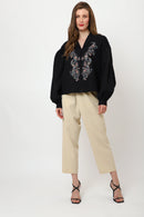 Detailed Embroidery Black Long Sleeve Top - XS to 3XL