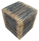 Brown and Black Square Leather Pouf Ottoman, Striped Patchwork Pouf Footstool, Side table, Seat , Foot Rest | TRD105