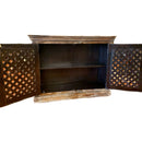 Distressed Lattice 2-Door Mango Solid Wood Cabinet With Nail Heads