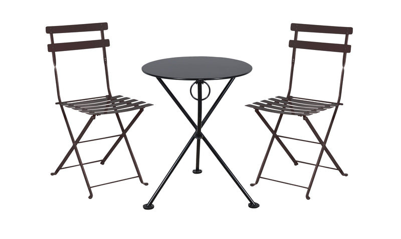 Bistro set with two folding chairs and a round table on a white background