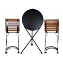 Black round table with two wooden chairs on a white background all folded