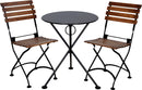 Bistro set with two wooden chairs and a round metal table on a white background
