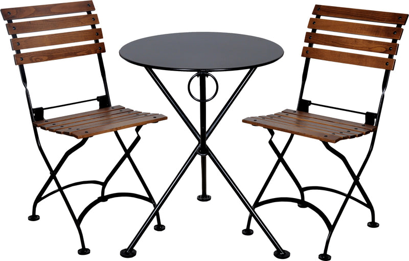 Bistro set with two wooden chairs and a round metal table on a white background