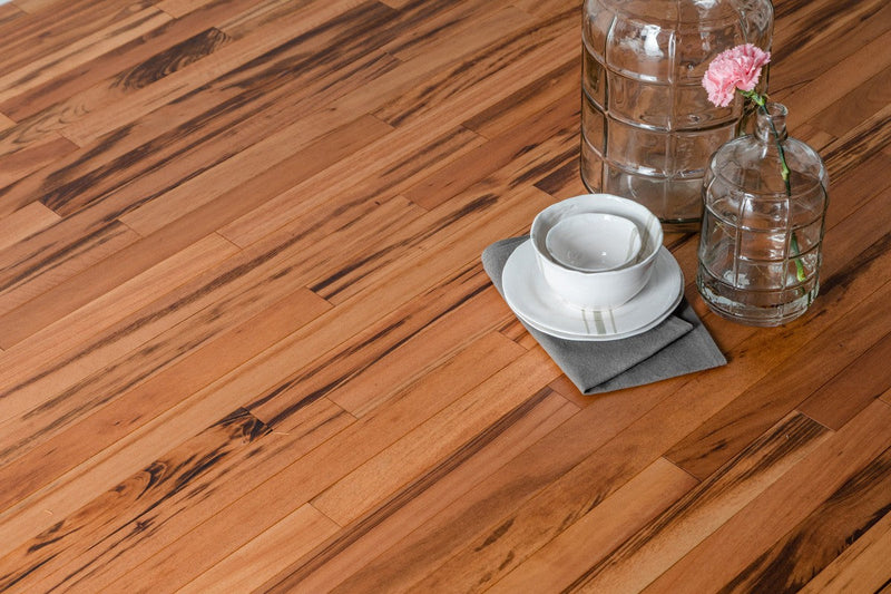 Solid Hardwood Prefinished Satin Mix Width, 84" RL, 3/4" Thick Smooth Tigerwood Muiracatiara - Totem Collection