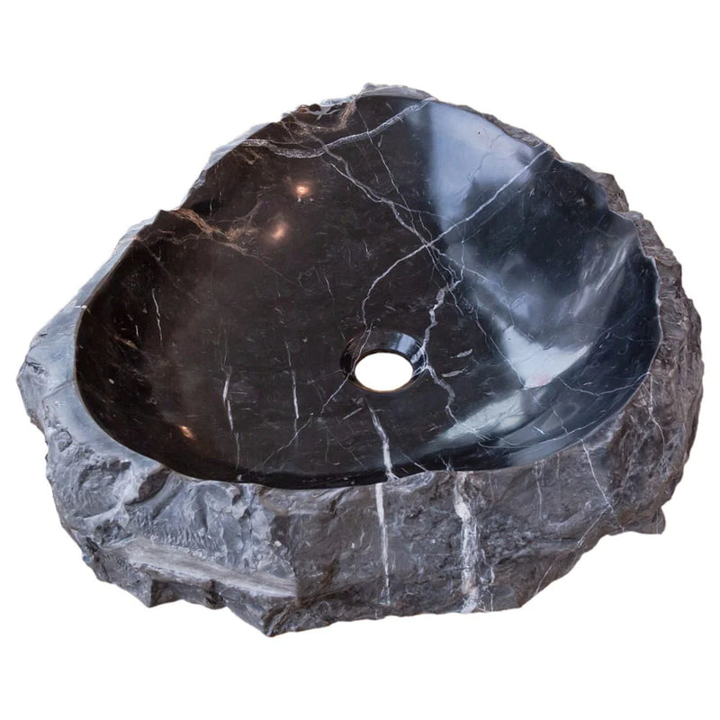 Toros Black Natural Stone Marble Rustic Above Vanity Bathroom Sink Polished Interior Hand Chiseled Exterior angle view product shot