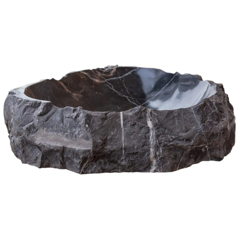 Toros Black Natural Stone Marble Rustic Above Vanity Bathroom Sink Polished Interior Hand Chiseled Exterior side view product shot