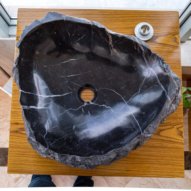 Toros Black Natural Stone Marble Rustic Above Vanity Bathroom Sink Polished Interior Hand Chiseled Exterior  top view