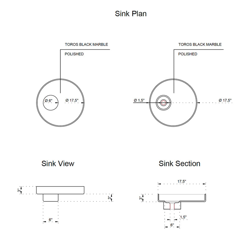 Natural Stone Toros Black Marble Above Vanity Designer Bathroom Sink Polished (D)17.5" technical drawing