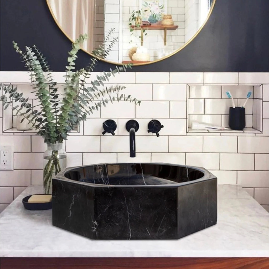 Premium Photo  Modern luxury black bathroom with black marble tile bathtub  plant and large window 3d rendering