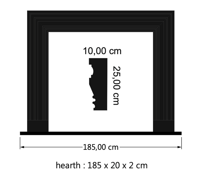 Toros black fireplace mantel polished 49x69 product shot sizes profile