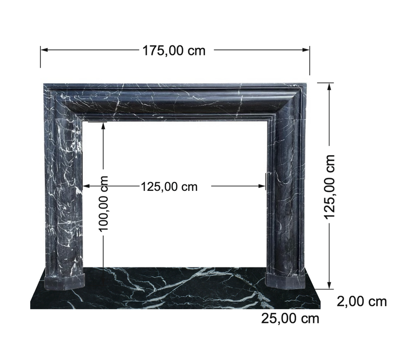 Toros black fireplace mantel polished 49x69 product shot sizes