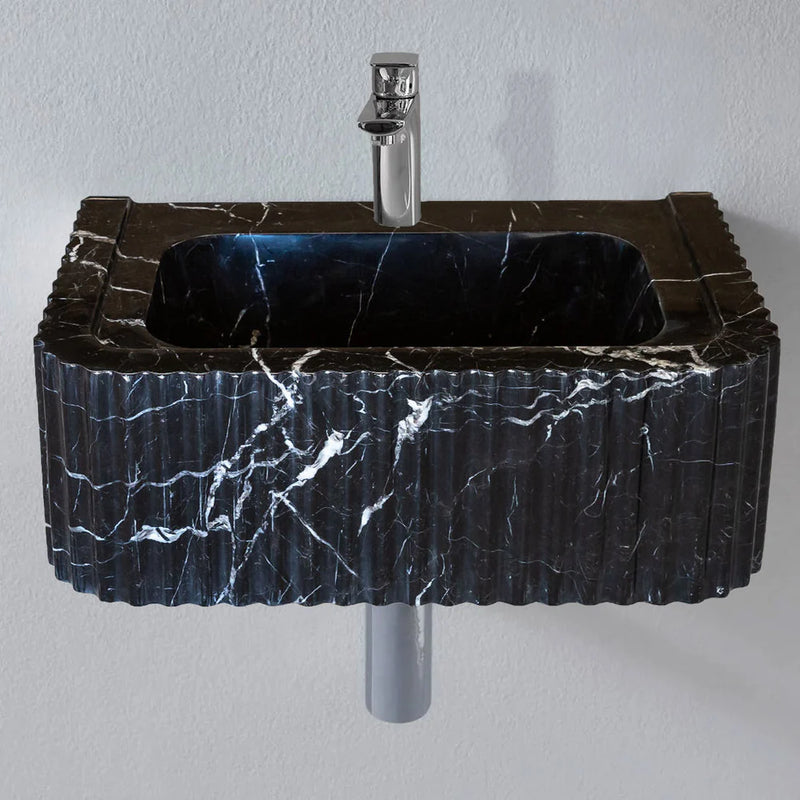 Toros Black Marble Rectangular Wall-mount Bathroom Sink Polished (W)12" (L)19" (H)7" bathroom wall-hung installation view