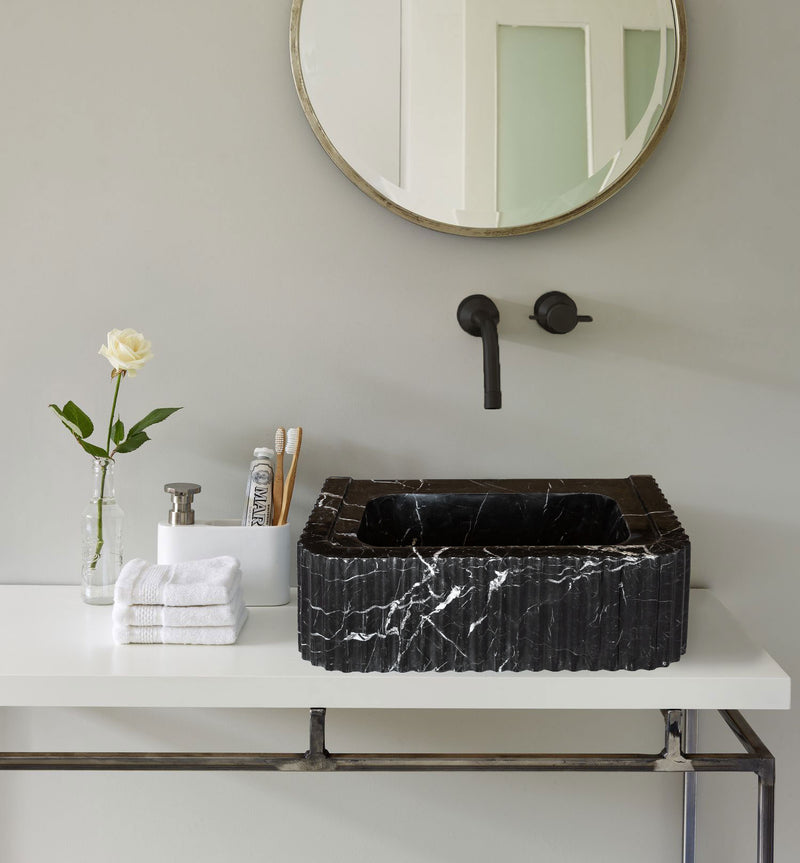 Toros black marble rectangular wall-mount sink 19x12x7 bathroom above counter view