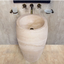 Light Travertine Curved Pedestal Hand Carved Stone Sink Honed Finish 16 x 33.5 Inch