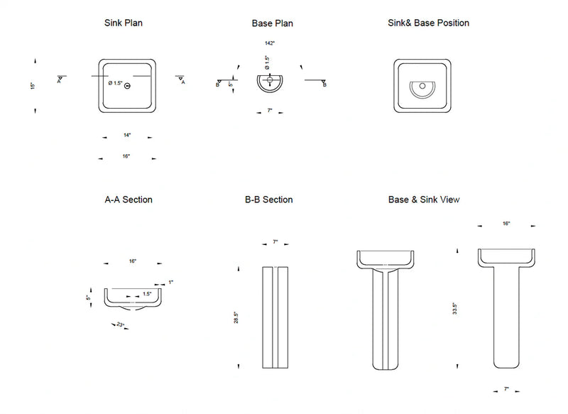 Troia Light Travertine Pedestal Stand-alone Sink Honed and Filled (W)15" (L)16" (H)33.5" technical drawing