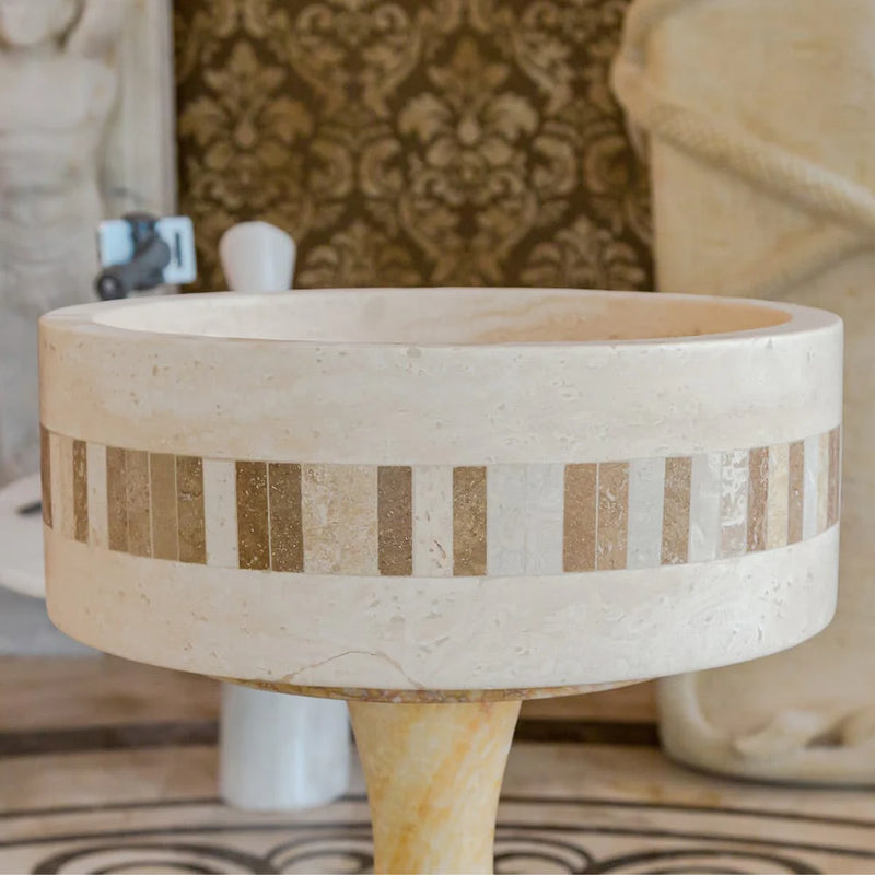 Troia Light Travertine Cylinder Above Vanity Bathroom Sink 2" Embedded Mosaics Border Honed (D)16" (H)6" Side view