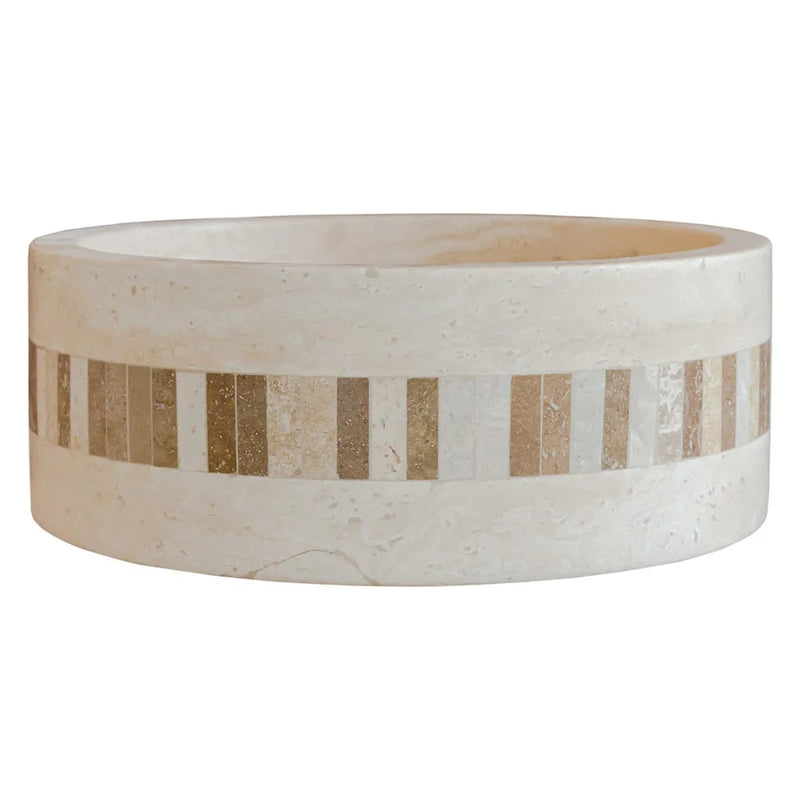 Troia Light Travertine Cylinder Above Vanity Bathroom Sink 2" Embedded Mosaics Border Honed (D)16" (H)6" side product shot view