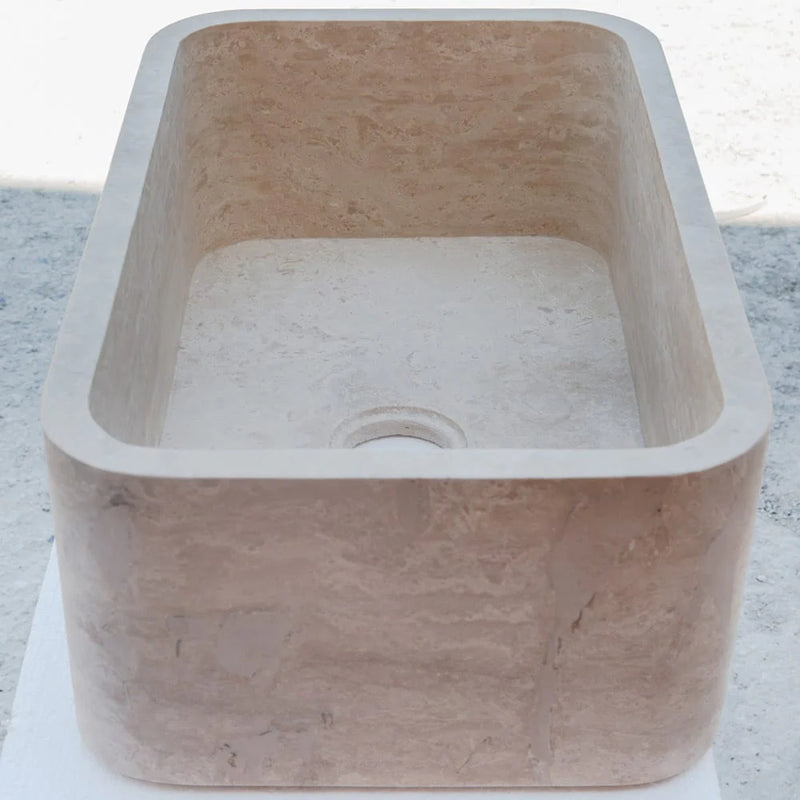 Troia Light Travertine Rectangular Farmhouse Kitchen Sink Honed (W)18" (L)30" (H)10" side angle view