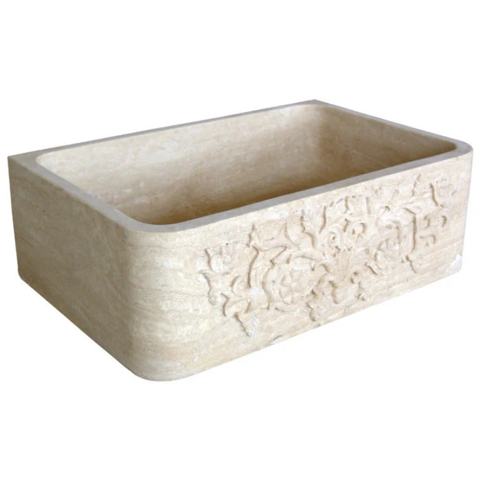 Troia Light Travertine Farmhouse Hand-carved Vine Design Apron Kitchen Sink (W)18" (L)30" (H)10" angle product shot