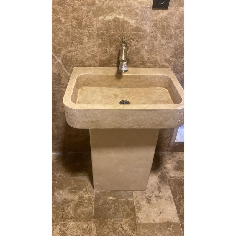 Troia Light Travertine Pedestal Stand-alone Sink Honed and Filled (W)19" (L)26" (H)33.5" installed hotels bathroom emperador marble on walls bathroom view