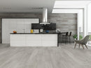 SPC Vinyl Rigid Core 7" Width 60" RL, 6mm Thick, 1.5mm IXPE Tryst Pearl Galea Floors - Mazzia Collection Product shoot Kitchen view