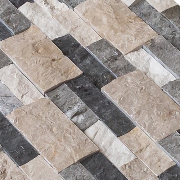 Tundra Gray Mix Ledger 3D Panel 6x24 Natural Travertine Wall Tile splitface multiple angle closeup view