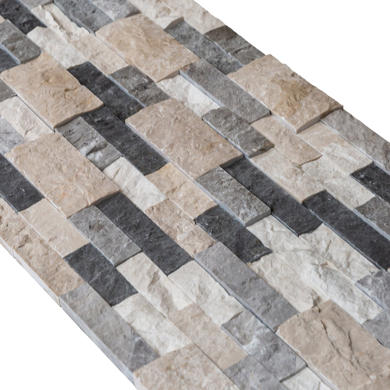 Tundra Gray Mix Ledger 3D Panel 6x24 Natural Travertine Wall Tile splitface multiple angle view