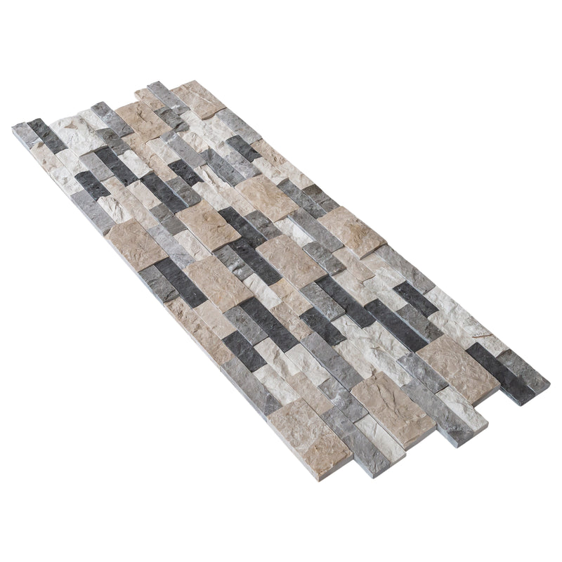 Tundra Gray Mix Ledger 3D Panel 6x24 Natural Travertine Wall Tile splitface multiple angle wide view