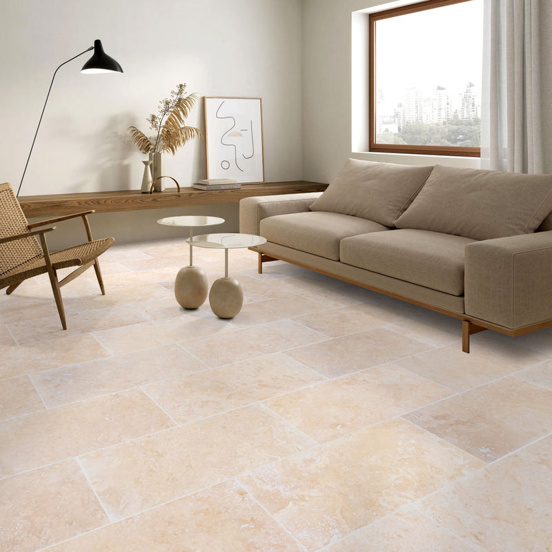 Tuscany beige travertine floor wall tile 12x24 installed on living room floor