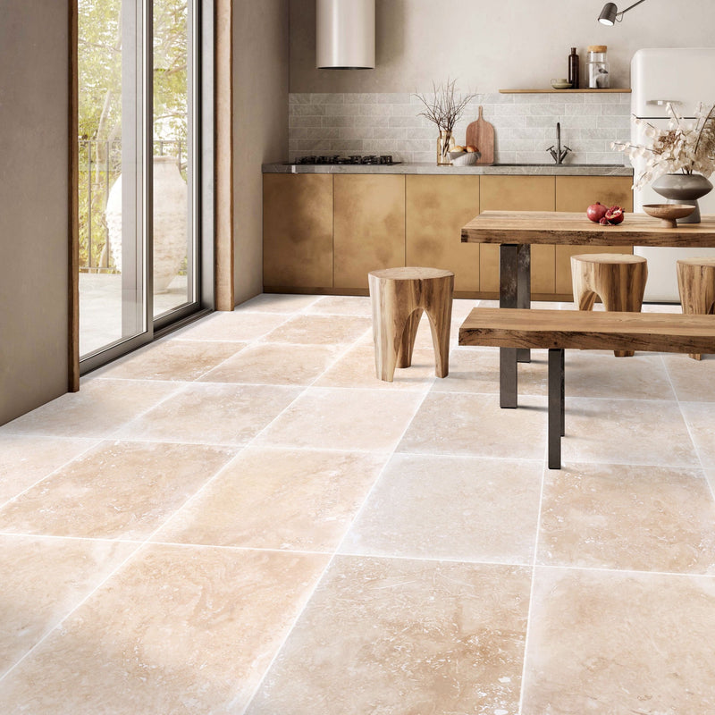 Tuscany beige travertine floor wall tile 24x24 installed bright kitchen floor