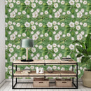 Voguish Green Wallpaper with White Flowers