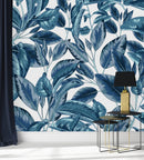 Modish Dark Blue Leaves Wallpaper Chic
