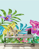 Brightly Exotic Flowers and Leaves Wallpaper