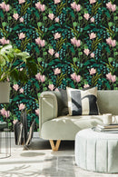 Green Leaves with Pink Flowers Wallpaper
