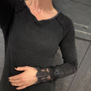 Ultimate '90s Princess Grunge Waffle Dress in Black with Lace Mesh Sleeve Detail | Y2K Mall Goth Long Sleeve Fall Winter Dress [SM-XL]