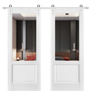 Lucia 1533 Matte White Double Barn Door with Clear Glass | Silver Finish Rail