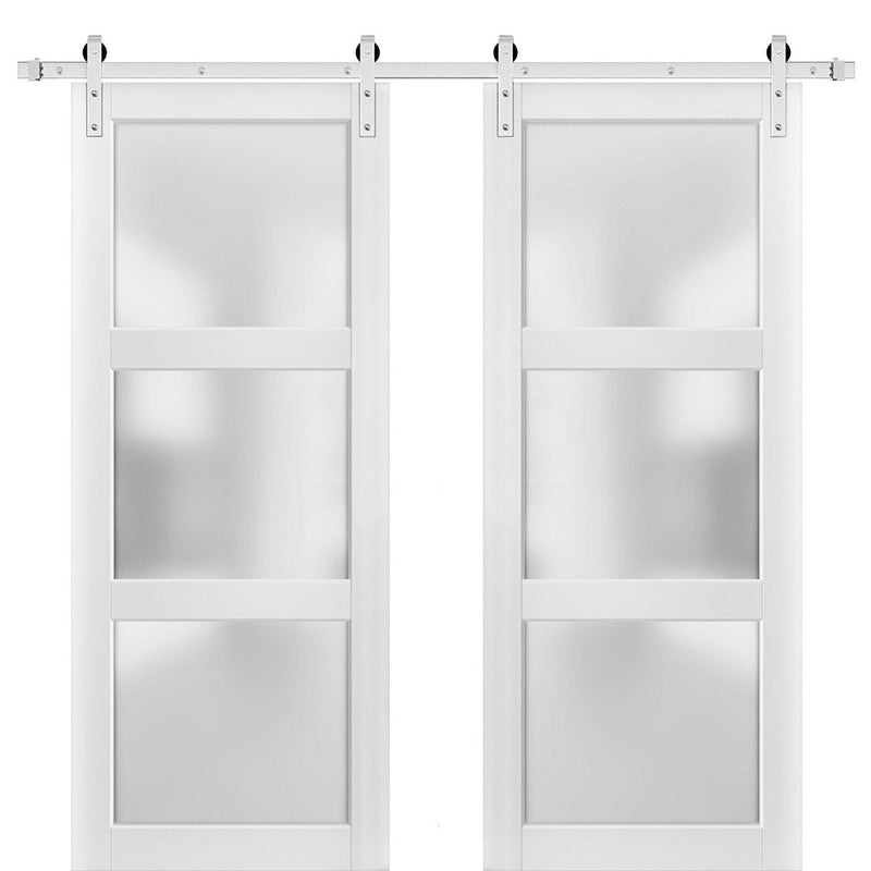 Lucia 2552 Matte White Double Barn Door with Frosted Glass | Silver Finish Rail