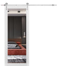 Lucia 1299 Matte White Barn Door with Mirror Glass and Silver Finish Rail