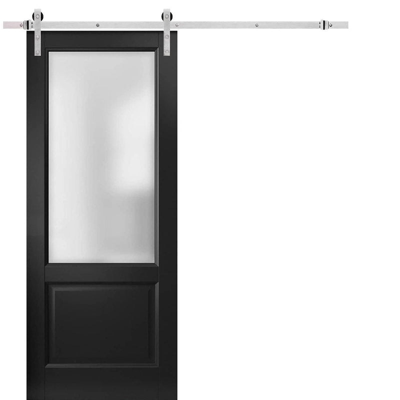 Lucia 22 Matte Black Barn Door with Frosted Glass and Silver Finish Rail