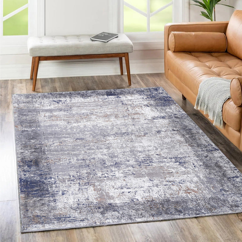 Abstract Border Echo in Blue & Grey Rug