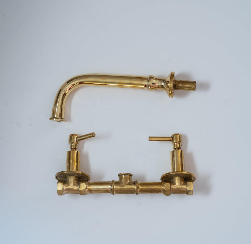 Unlacquered Brass Wall Mount Double Lever Handle Bathroom Sink Faucet - Rough in Valve Included