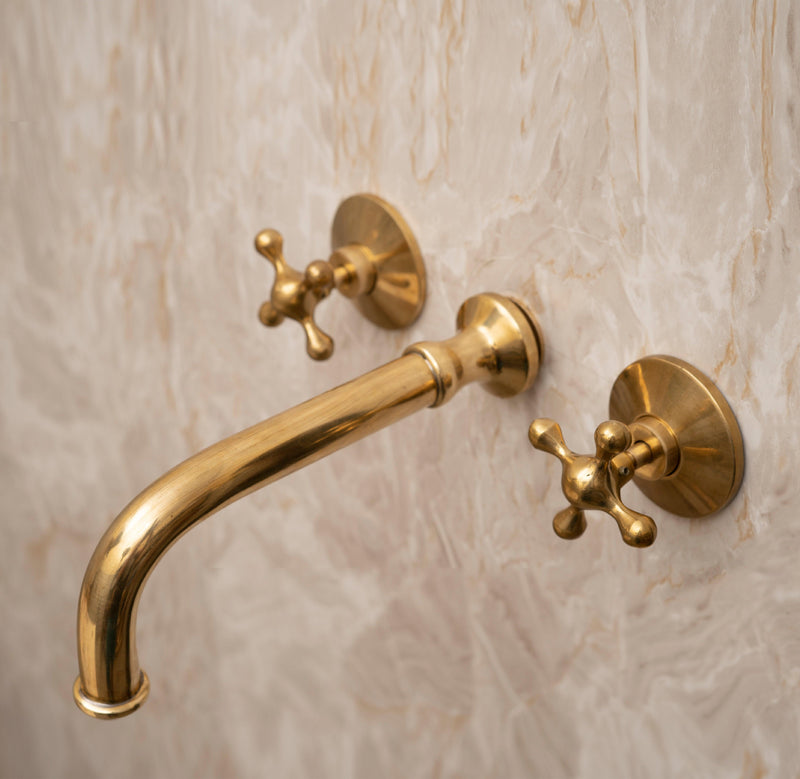 Unlacquered Brass Wall Mounted Bathroom Faucet with Cross Handles