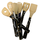 Bamboo Kitchen Utensils With Hand-Poured Resin Finish | 6 Pack | Dark Black Resin With Striking Tones Of White and Gold