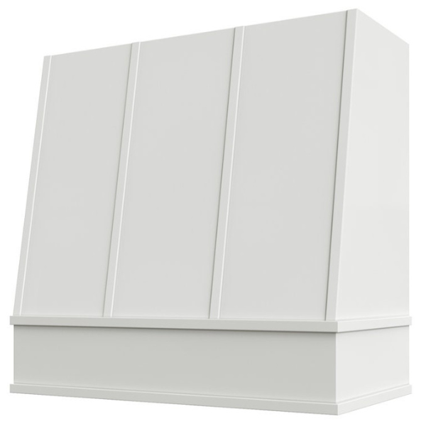 White Wood Range Hood With Angled Strapped Front and Block Trim - 30", 36", 42", 48", 54" and 60" Widths Available