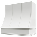 White Wood Range Hood With Sloped Strapped Front and Decorative Trim - 30", 36", 42", 48", 54" and 60" Widths Available