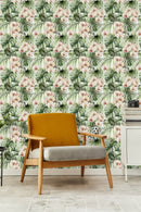 Tropical Leaves with White Flowers Wallpaper