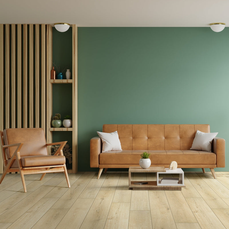 Smithcliffs - Lanston Oak 7"x48" Waterproof Hybrid Rigid Core Flooring - MSI Collection living room view